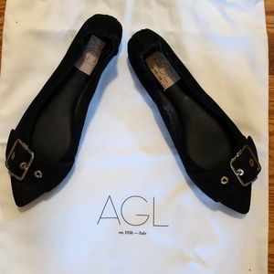 AGL BLACK SUEDE BUCKLE BALLET FLATS SIZE 37